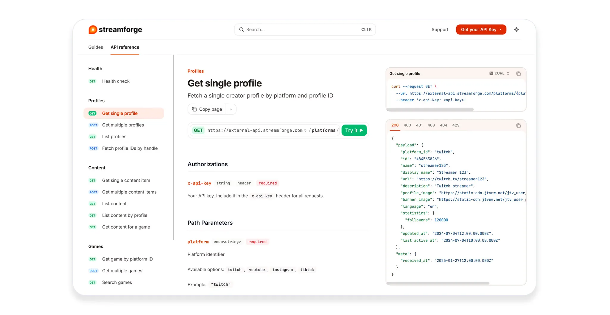 Streamforge API dashboard