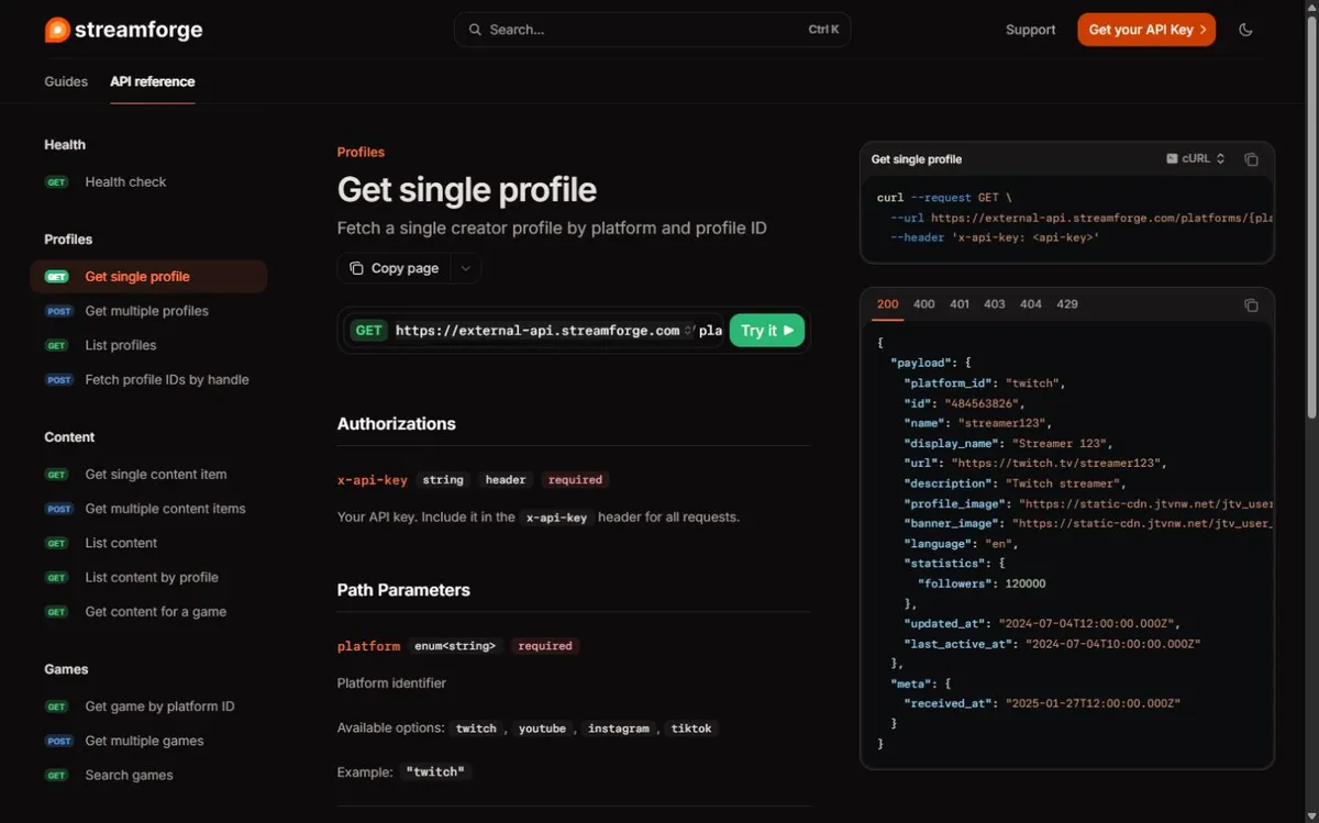 Streamforge External API reference