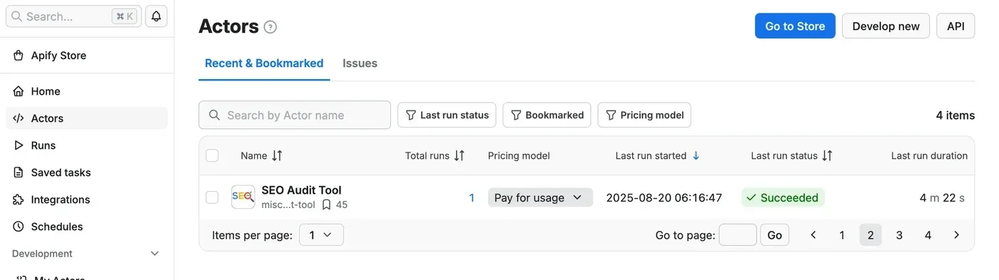 Apify Console Actors dashboard with recent runs and execution statuses