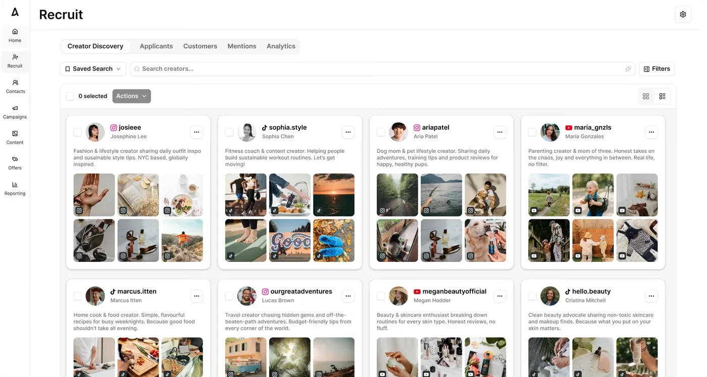 Aspire Recruit interface with creator search filters and a creator list