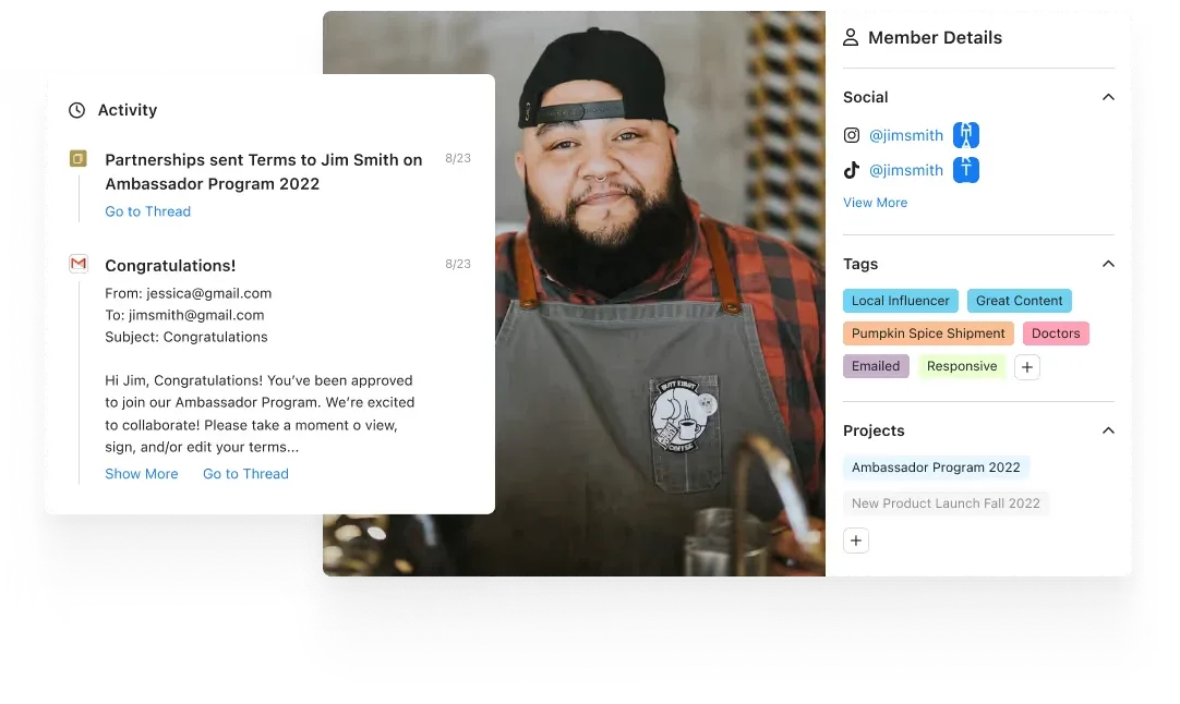 Aspire creator-relationship product view with a member record and shared message-activity timeline