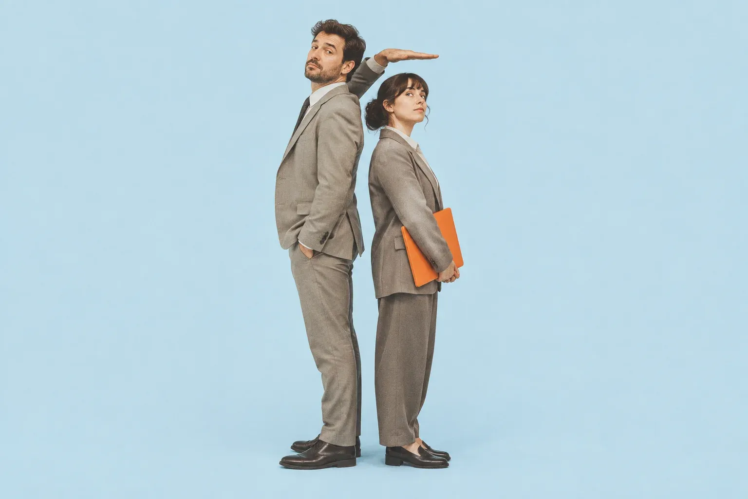 Two people standing back to back to compare their height