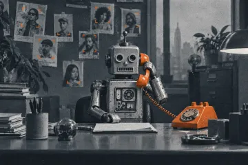 A tin toy robot at an office desk holding an orange telephone receiver, portraits with orange corner marks pinned behind it, grainy grey photo.