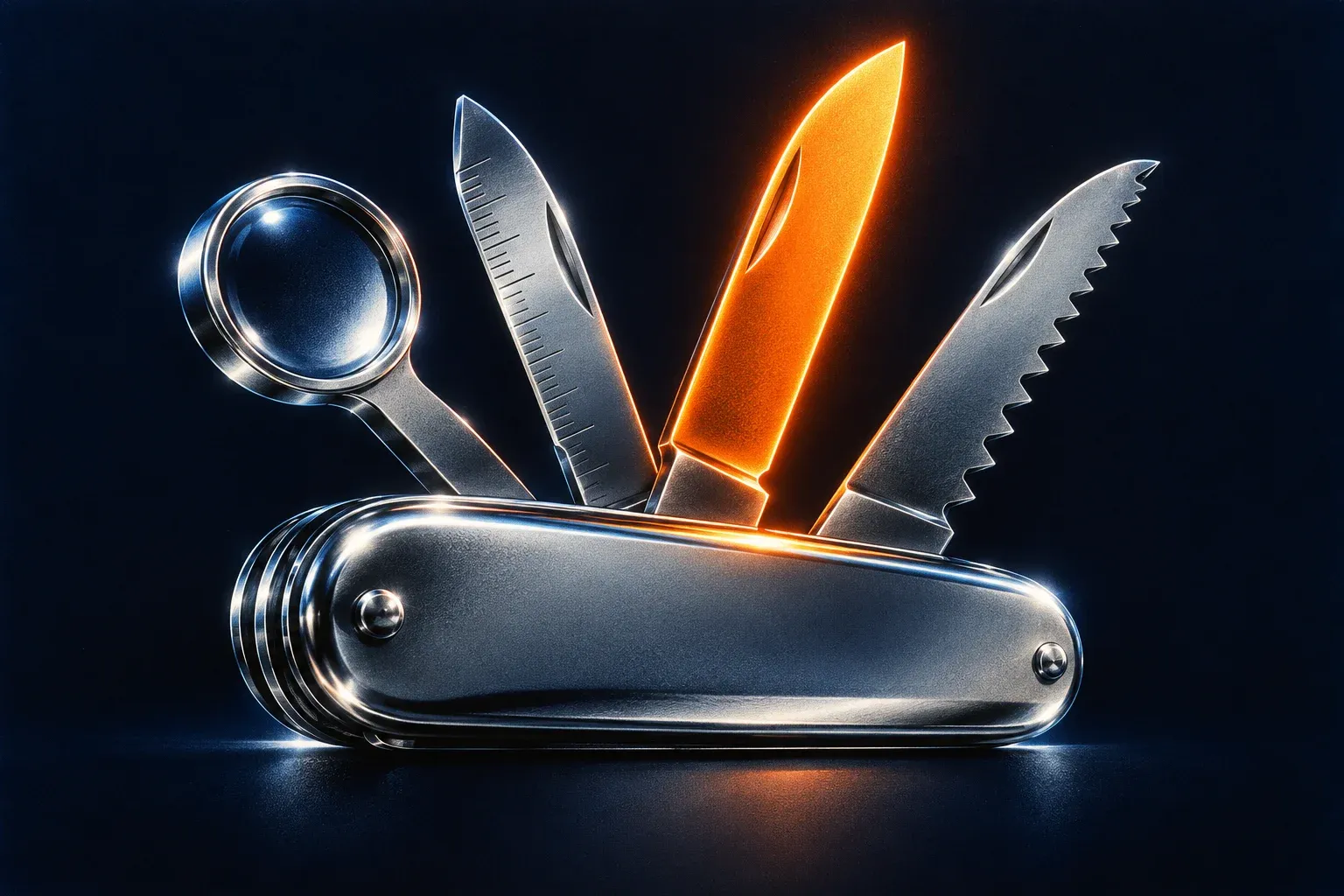 A chrome pocket multitool with a magnifying glass, a ruler-edged blade, a saw blade and one glowing orange blade fanned out, airbrushed on dark navy.