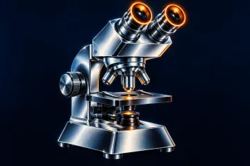 A chrome microscope with two glowing orange eyepiece rims, airbrushed on a dark navy background.