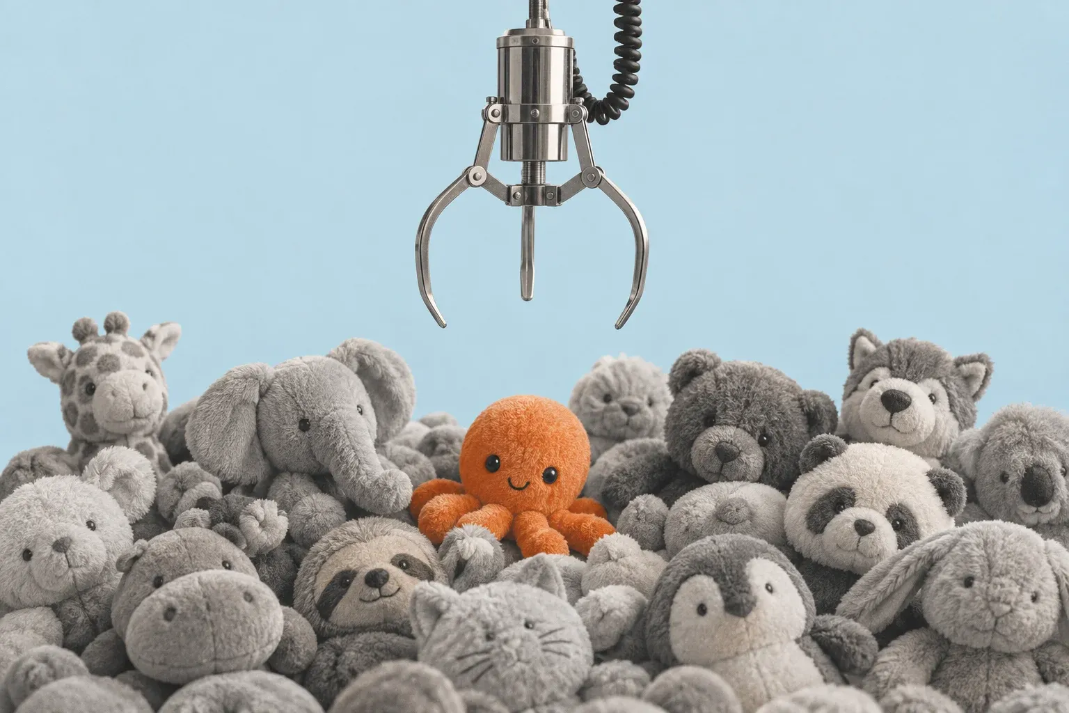 A steel arcade claw hovering over a pile of grey plush animals with one orange octopus in the middle, on pale blue.