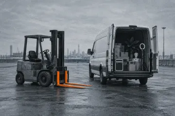 A forklift with orange forks parked beside a white van with its rear doors open on a wet, empty lot, grainy grey photo.