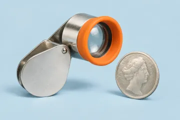 A silver folding jeweller's loupe with an orange eyepiece beside a silver coin, photographed on pale blue.