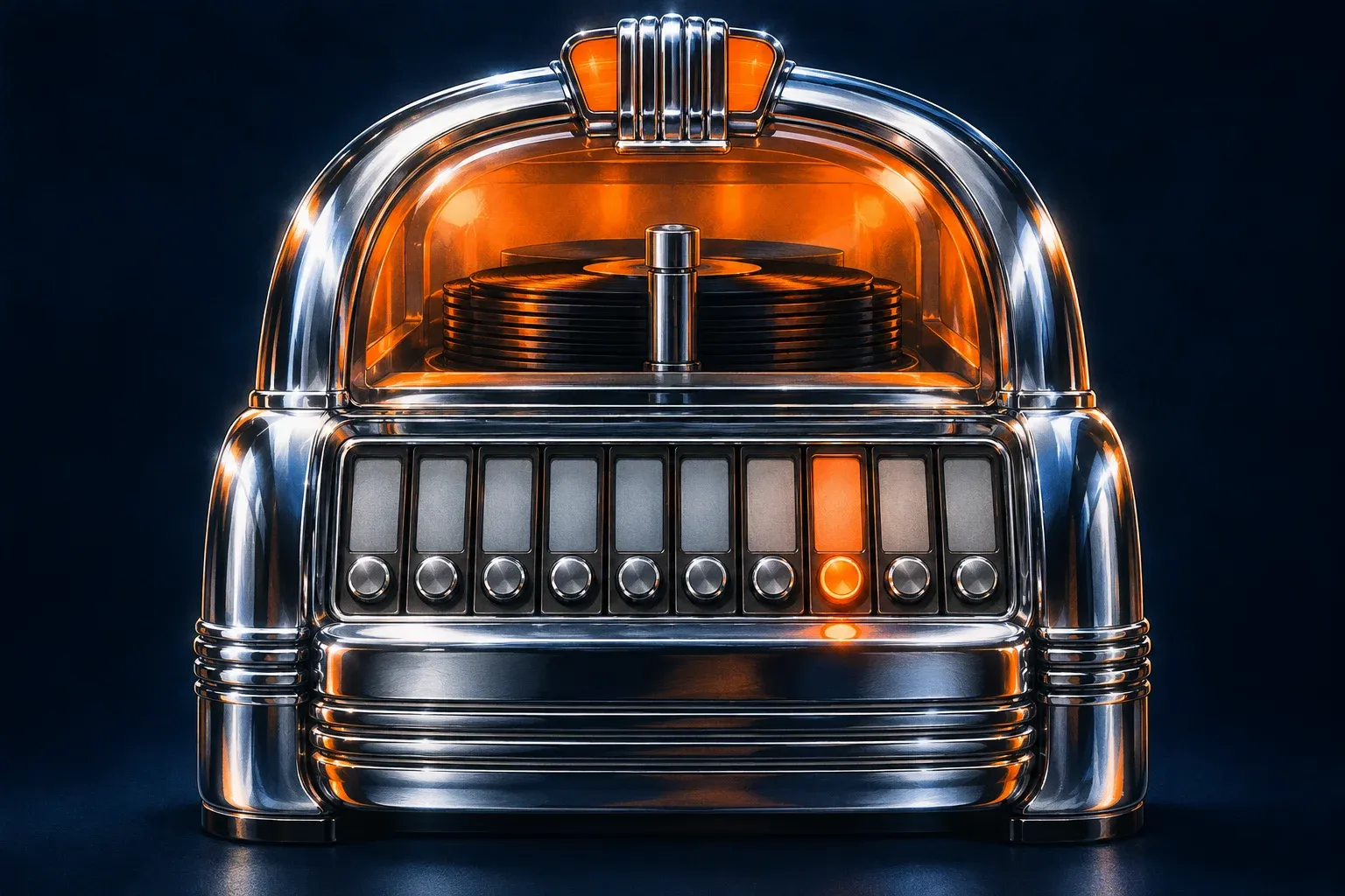 An airbrushed chrome jukebox on a dark navy background, its row of ten selection buttons all grey except one glowing orange.