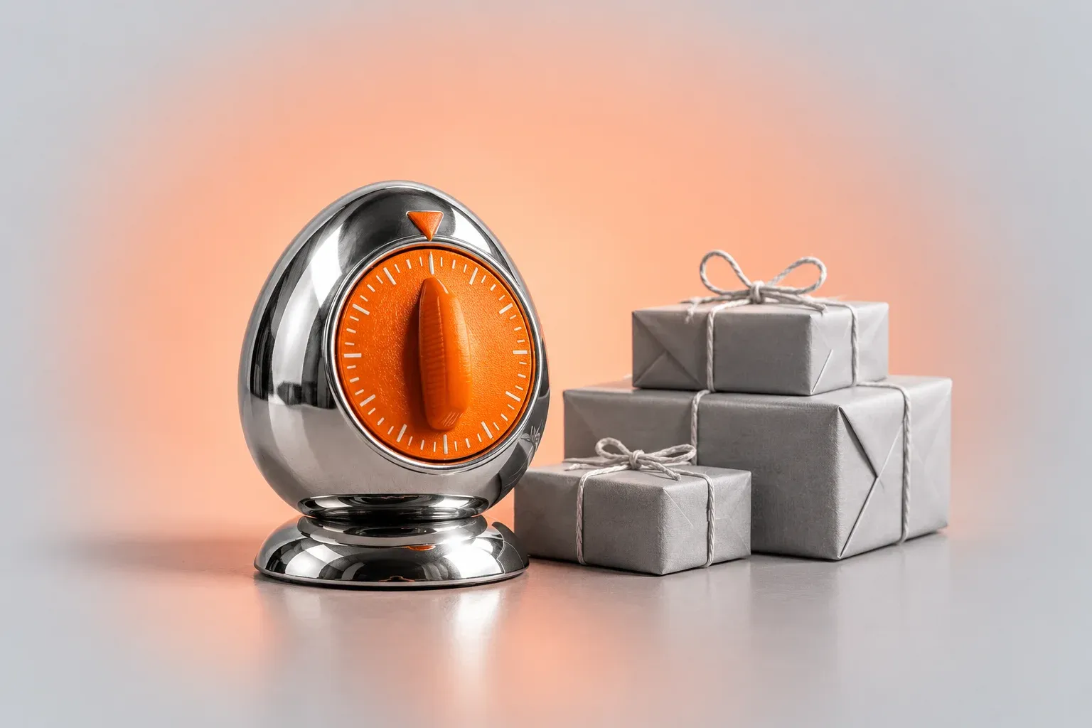 A chrome kitchen egg timer with an orange dial beside a stack of grey gift boxes tied with string, on a warm peach glow.
