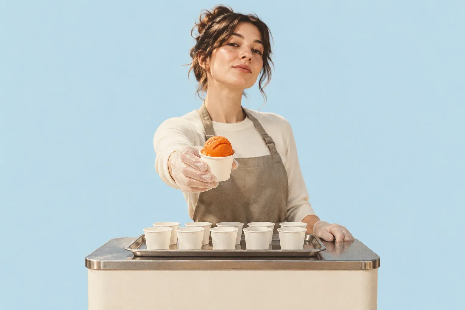 A woman in an apron at a sampling stand holds out one paper cup of orange sorbet over a tray of empty tasting cups, on a pale blue background.