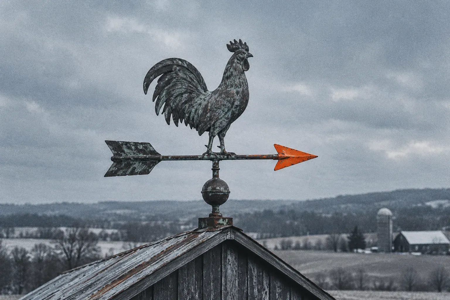 A weathered copper rooster weathervane on a barn roof under a grey winter sky, its arrow painted bright orange.