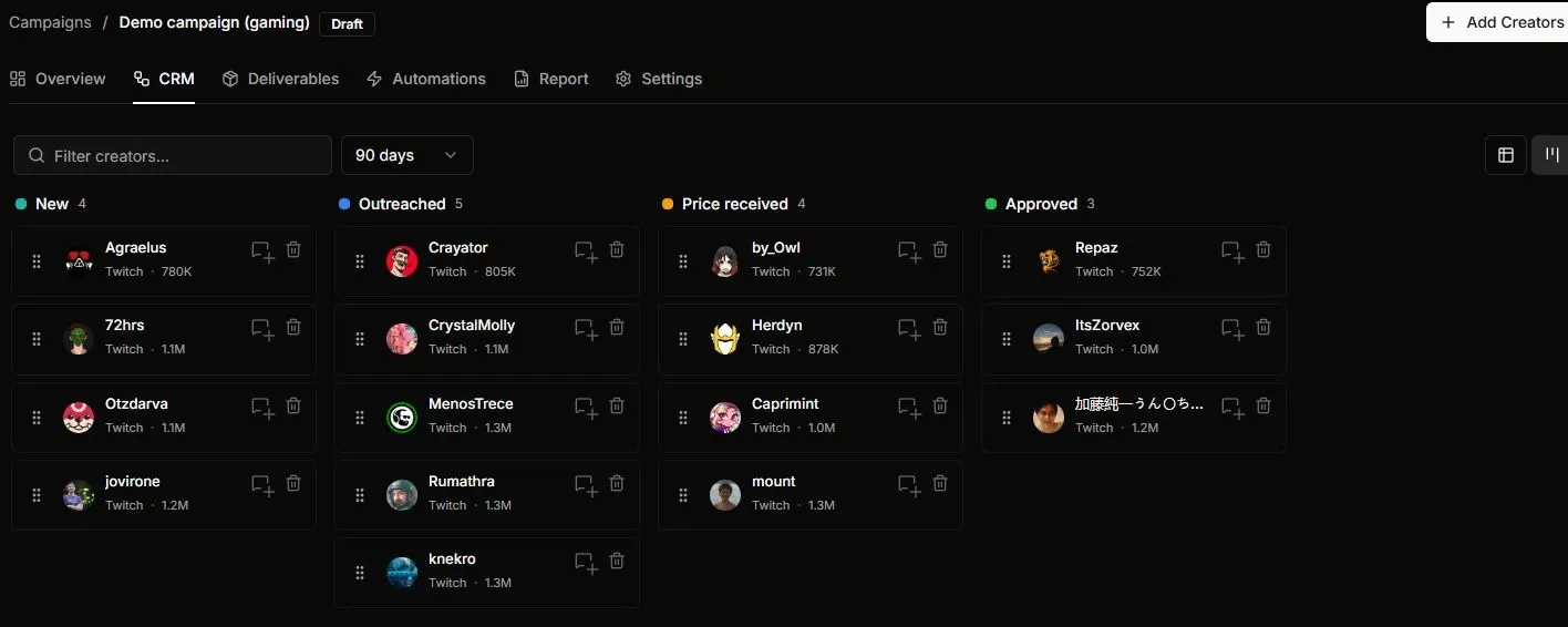 Streamforge demo campaign CRM board with creators organized into New, Outreached, Price received, and Approved stages.