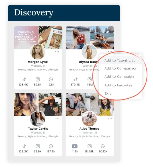 Captiv8 Discovery interface with creator search and audience filters