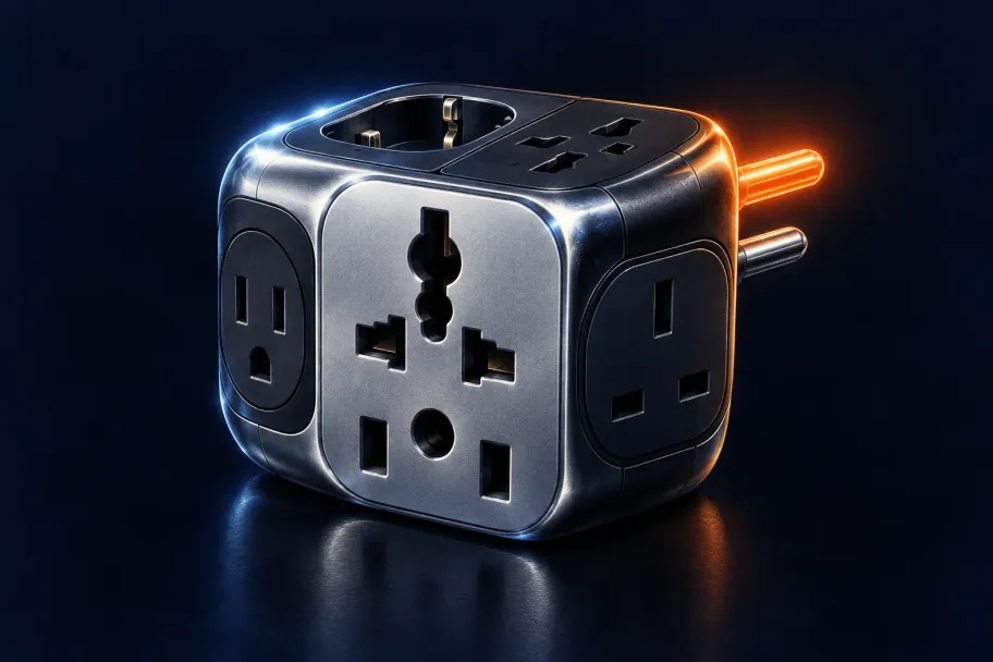A chrome cube travel adapter with a different socket shape on each face and one plug pin glowing orange, airbrushed on dark navy.