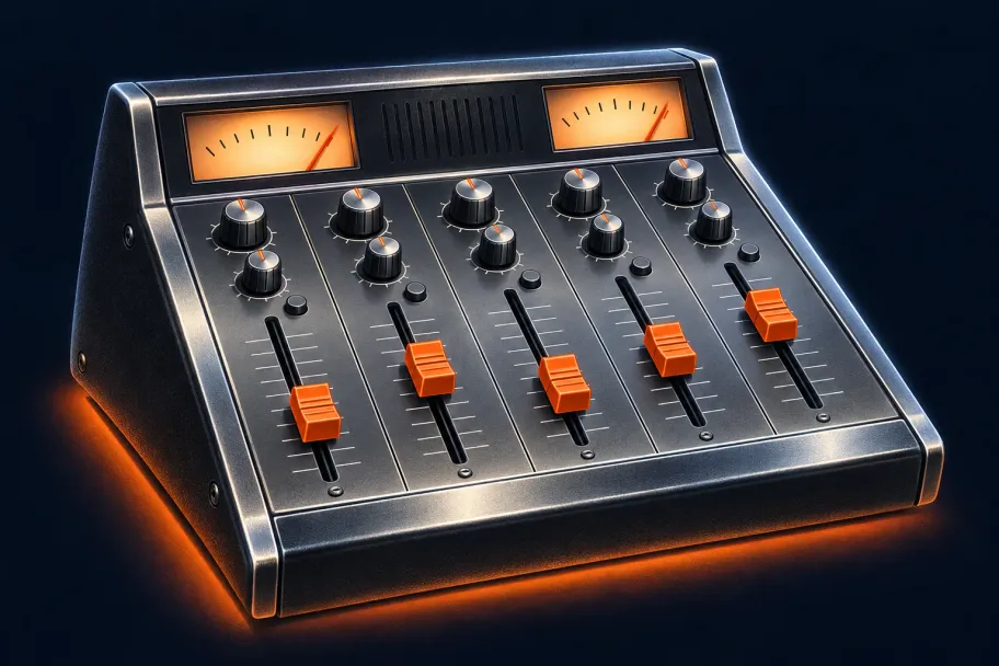 A chrome studio mixing console with orange faders and two glowing analog meters, airbrushed on a dark navy background.