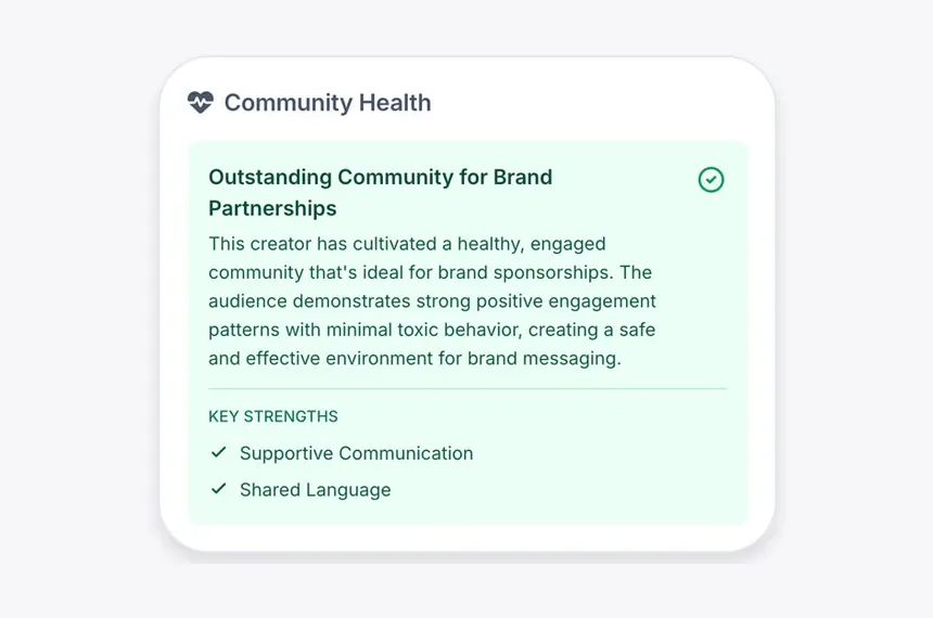 Streamforge’s Community Health card for a creator, rating the community as outstanding for brand partnerships with key strengths listed