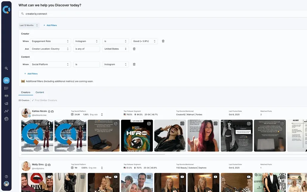 CreatorIQ Discovery interface showing creator search results