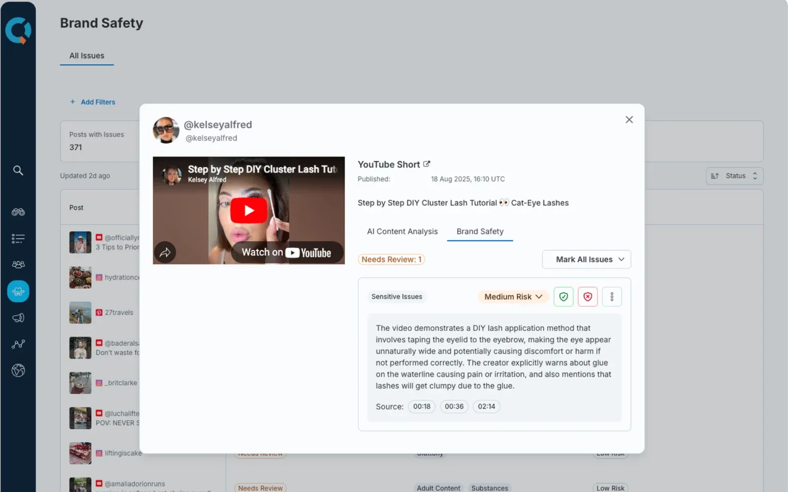 CreatorIQ SafeIQ interface showing a flagged video, a medium-risk assessment and time-stamped context for identified content issues