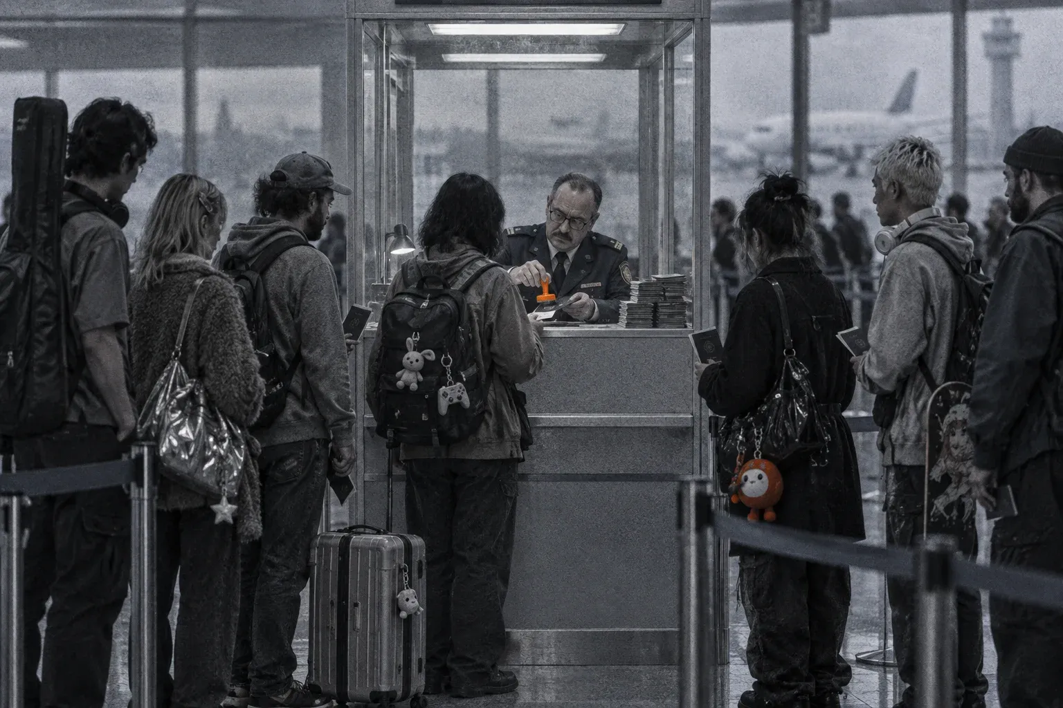 A border-control officer in a glass booth pressing an orange stamp onto a passport for a queue of travellers with backpacks, grainy grey photo