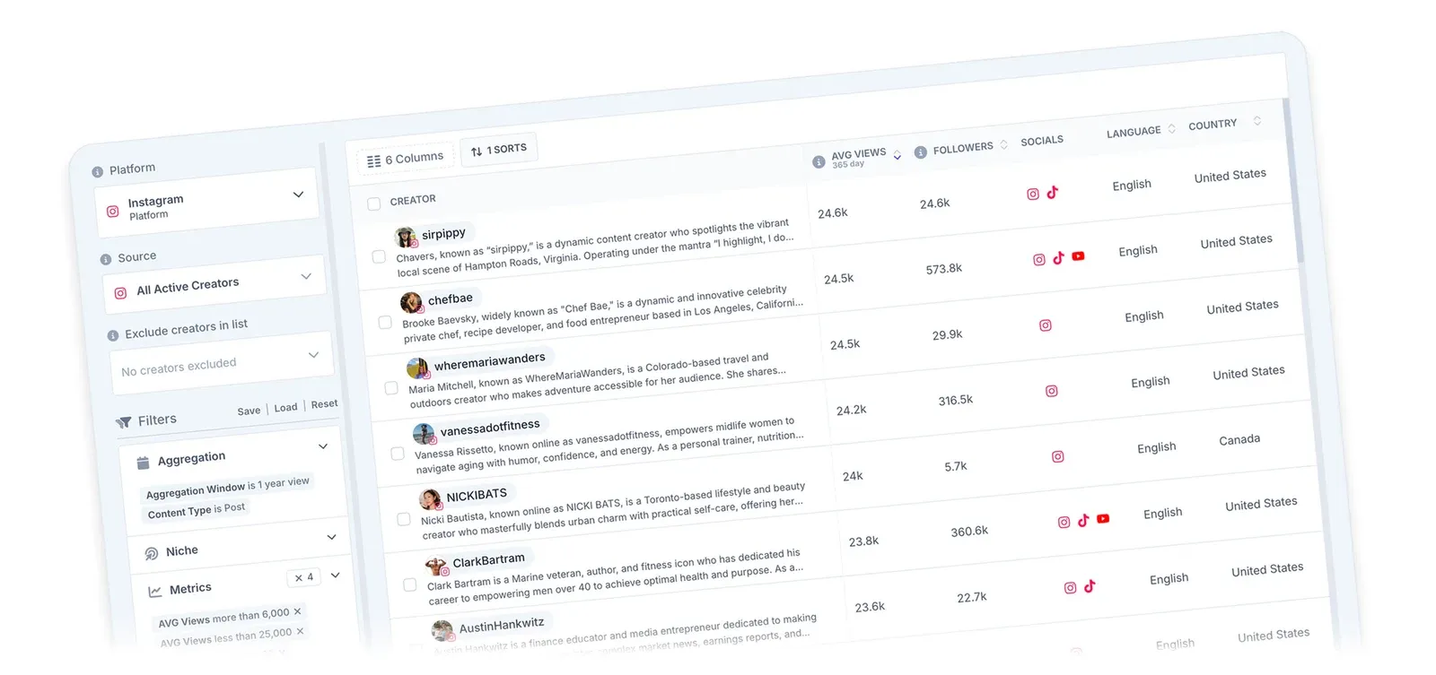 Streamforge discovery view with platform, source, aggregation window and metric filters on the left and a creator table with average views, followers, socials, language and country on the right
