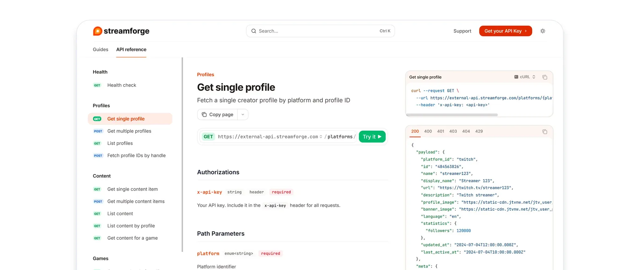 The endpoint reference for a single profile in Streamforge’s API documentation: the x-api-key header, the request path, and a sample response carrying followers, updated_at and last_active_at