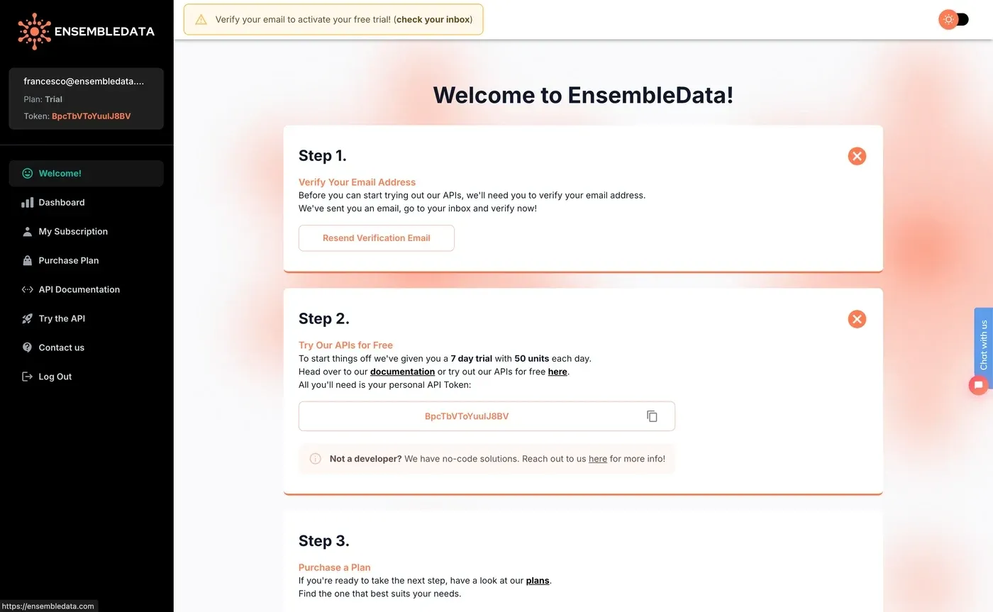 EnsembleData account dashboard with API onboarding steps and navigation