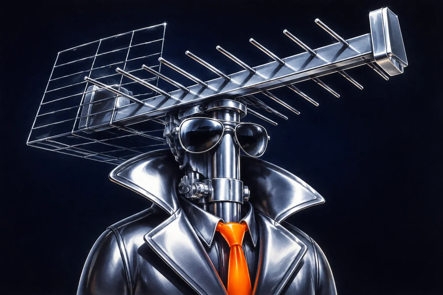 A chrome figure in a trench coat and aviators with a TV aerial for a head and an orange tie, airbrushed on dark navy.
