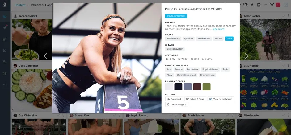 GRIN content library with creator posts and a post analytics panel