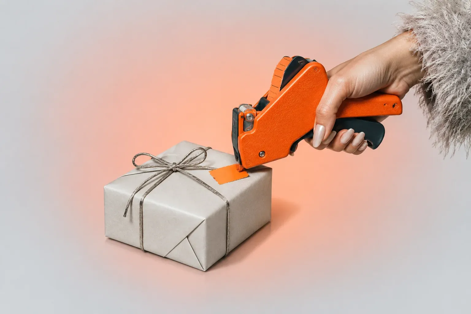 A hand with an orange price-tag gun clicks an orange price sticker onto a small gift wrapped in grey paper and string, on a warm peach glow.