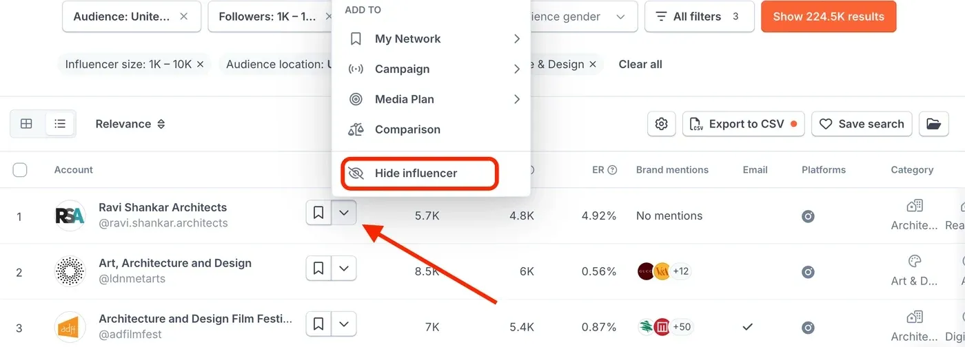 HypeAuditor discovery table with audience filters and the creator management menu