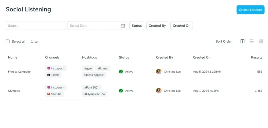 impact.com Social Listening dashboard with campaigns, channels, hashtags and results
