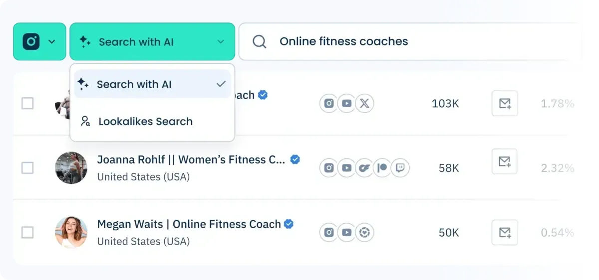 influencers.club creator search results with AI search and lookalike search controls