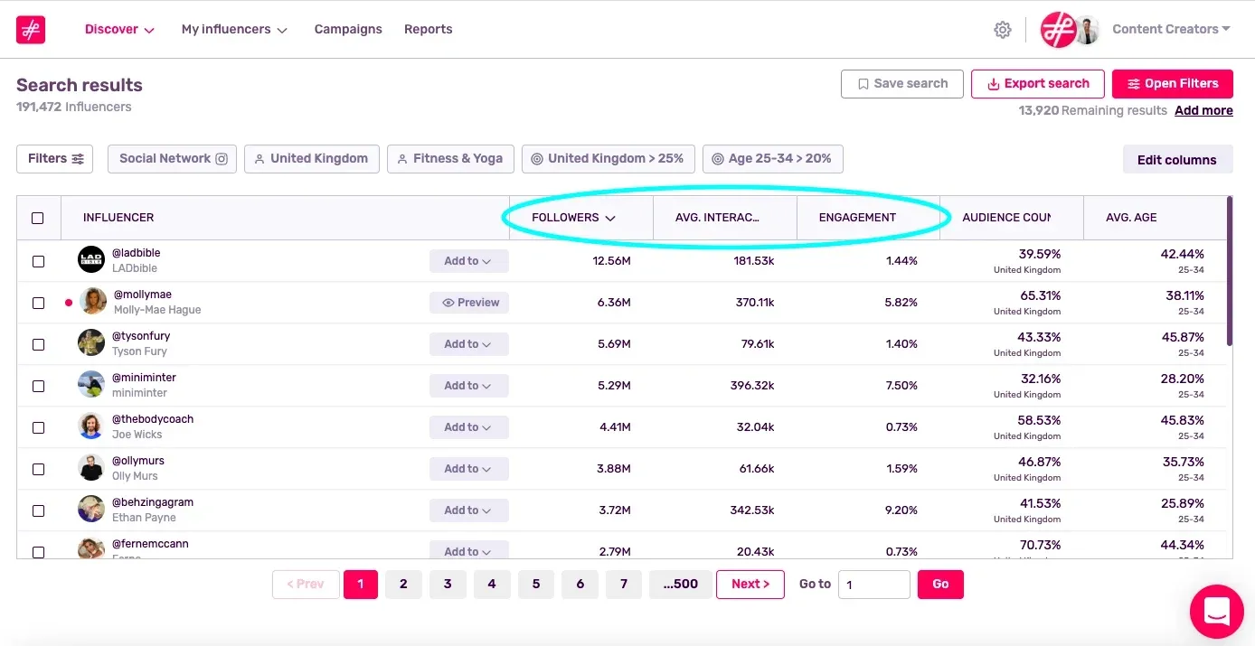 Influencity Discover dashboard with search filters and creator audience metrics