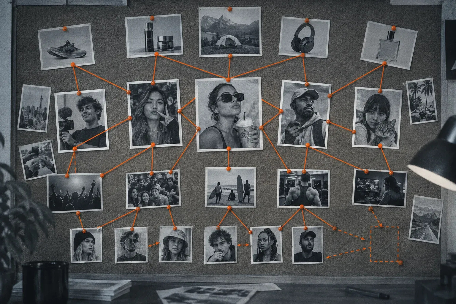 A corkboard of pinned photographs joined by orange string