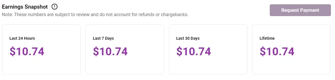 Nexus creator earnings dashboard showing daily, weekly, monthly and lifetime totals