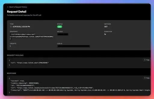 ScrapeCreators request-history detail showing status, request payload and saved API response
