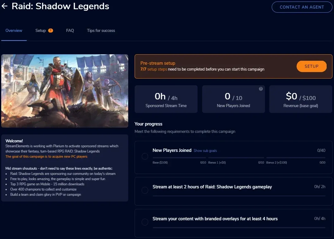 StreamElements sponsorship dashboard with campaign goals, revenue and setup progress