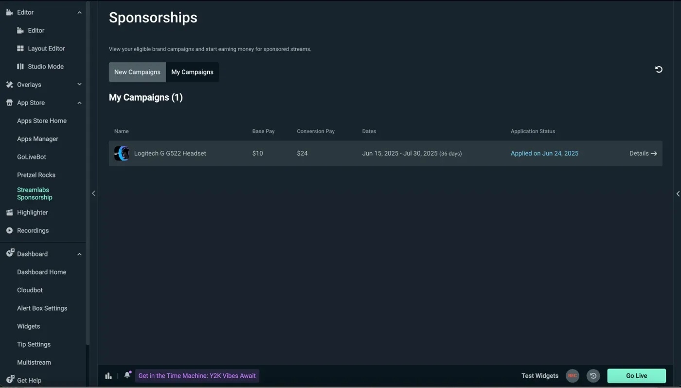 Streamlabs Sponsorships interface listing available campaigns