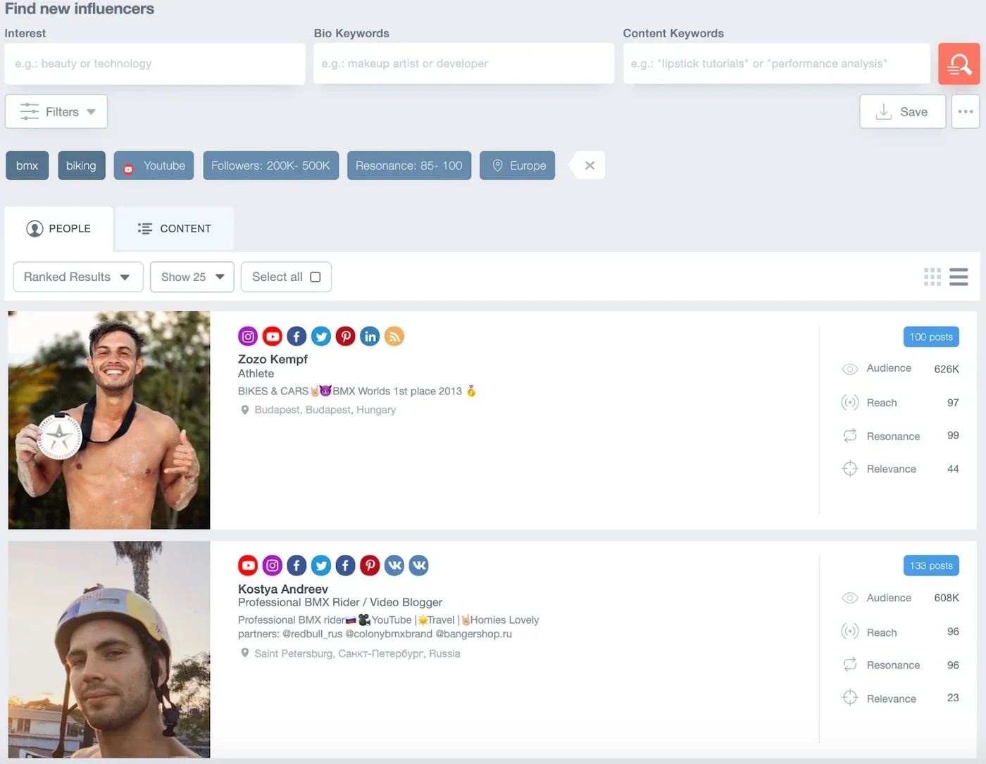 Traackr influencer search interface with BMX keywords, filters and creator results