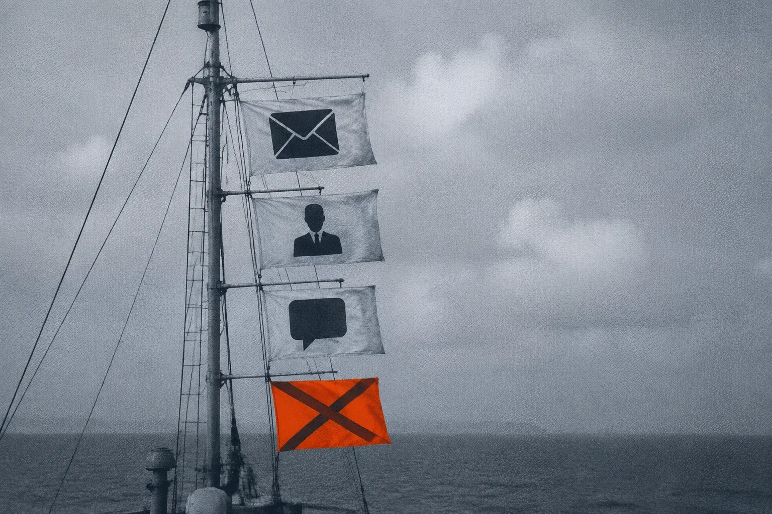 A ship's mast flying three white icon flags and one orange crossed flag over a grey sea, grainy blue-grey photo.