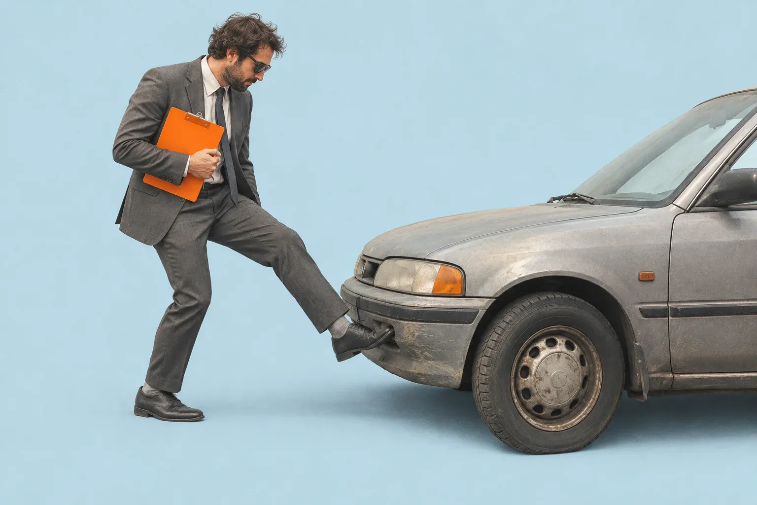 A man in a grey suit and sunglasses holding an orange clipboard and kicking the front bumper of a dusty old car, on pale blue