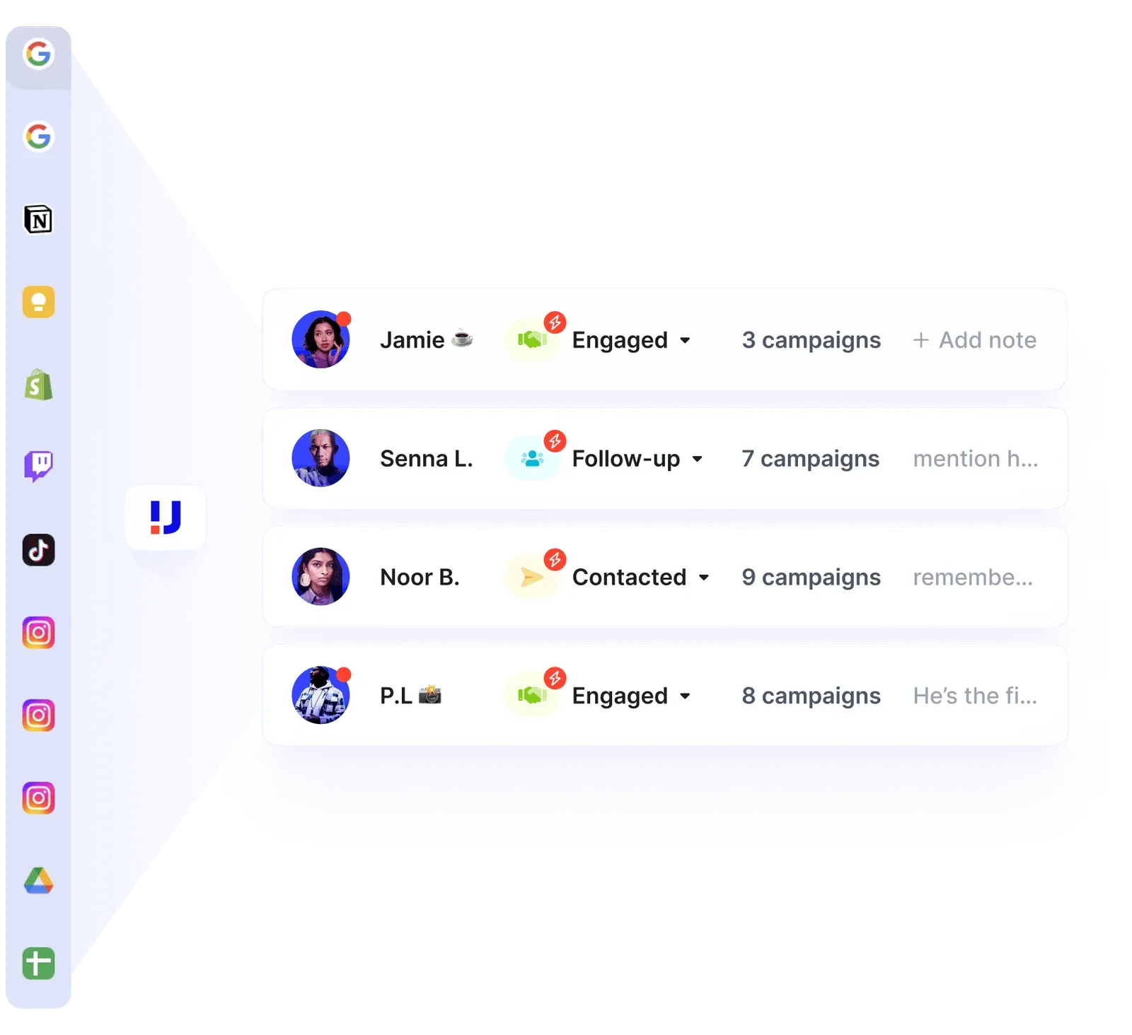Upfluence creator-relationship product image showing creator rows, owners, campaign counts and collaboration statuses