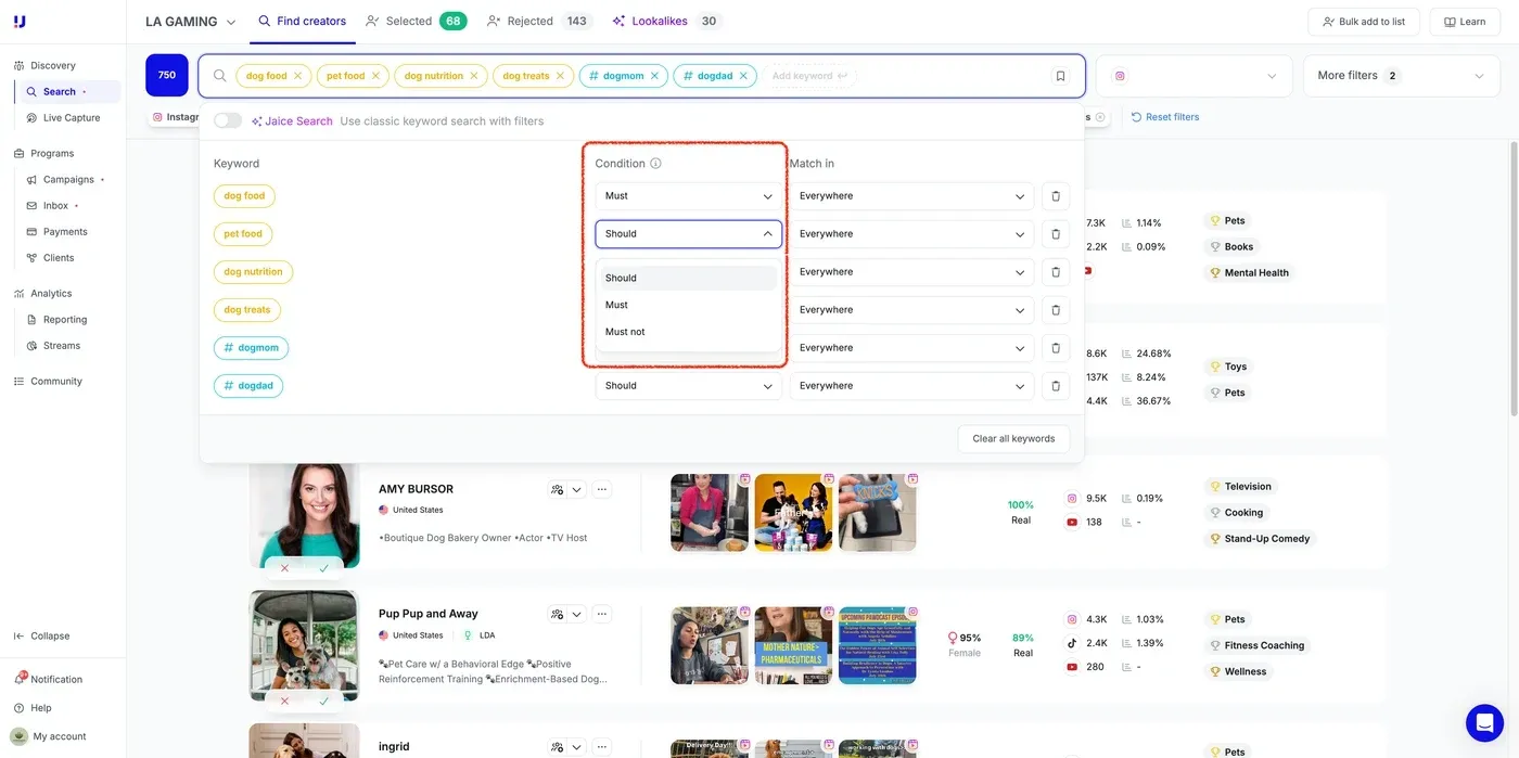 Upfluence Search app with creator results and an open audience filter